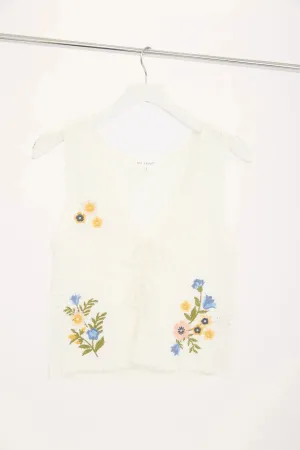 Blu Pepper Sunny Vibes Vest – Cropped Crochet Cardigan with Floral Embroidery