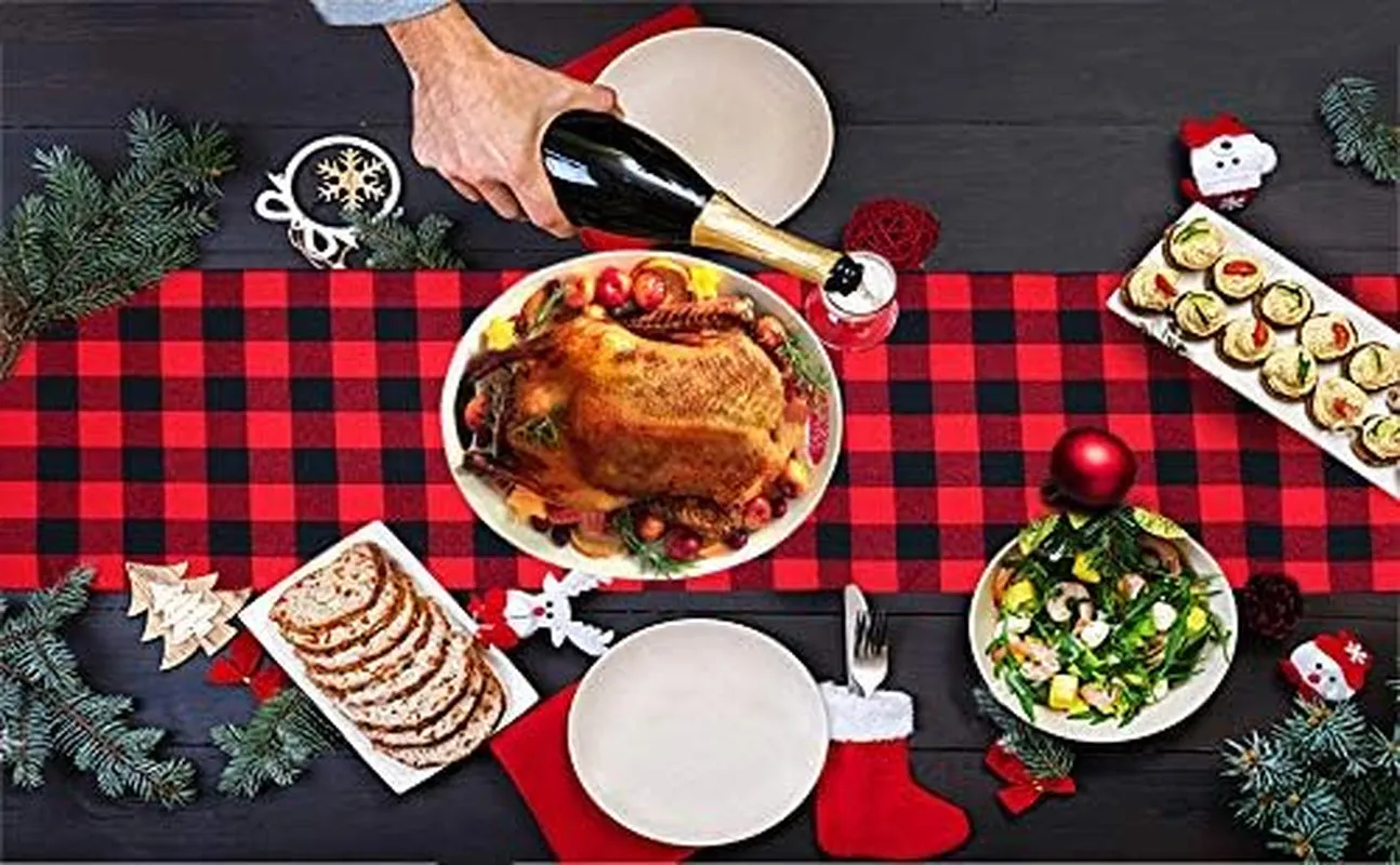 Red and Black Buffalo Check Cotton Table Runner - Classic Stylish Design for Family Dinners and Holidays