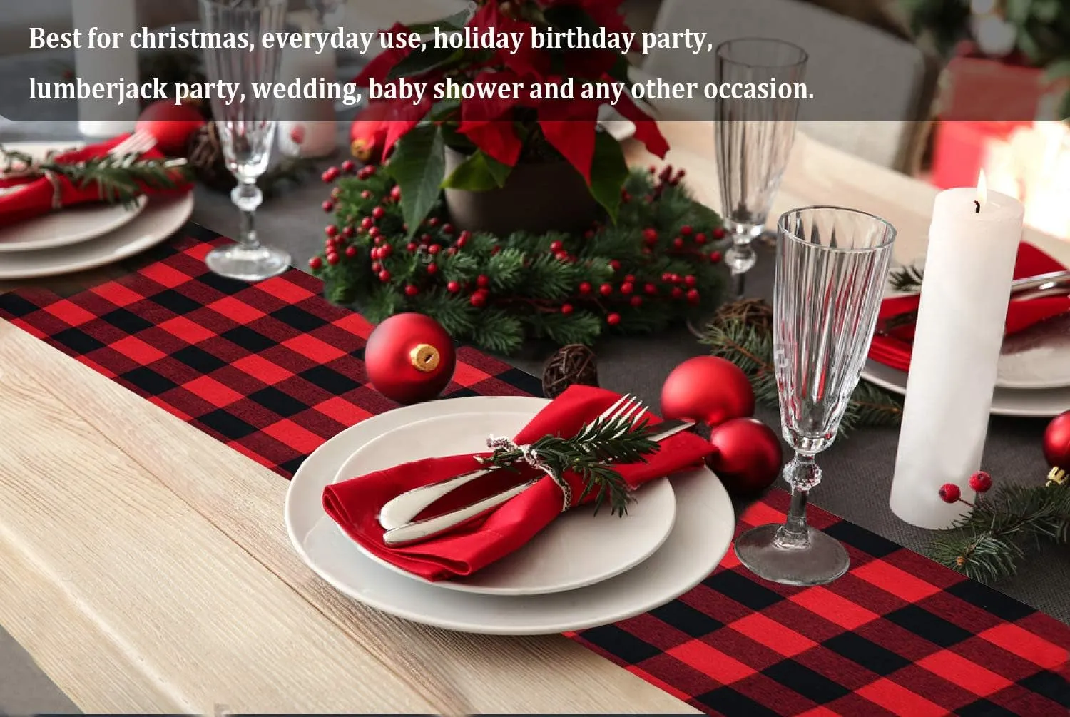 Red and Black Buffalo Check Cotton Table Runner - Classic Stylish Design for Family Dinners and Holidays